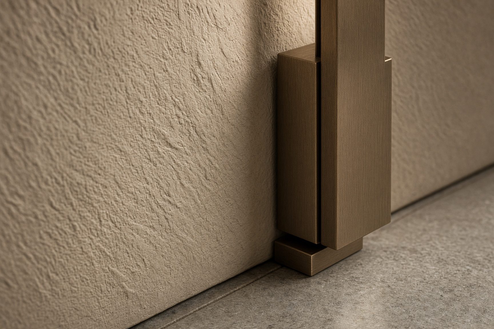 A close study of plaster, bronze, and concrete at a reveal